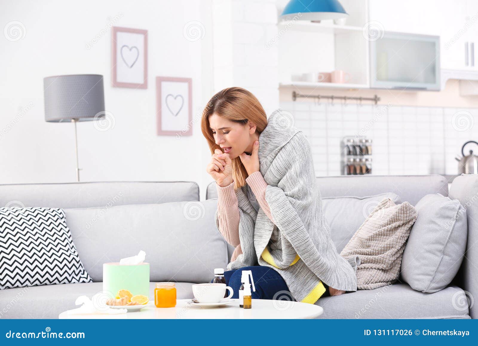 Woman Suffering from Cough and Cold on Sofa Stock Photo Image of