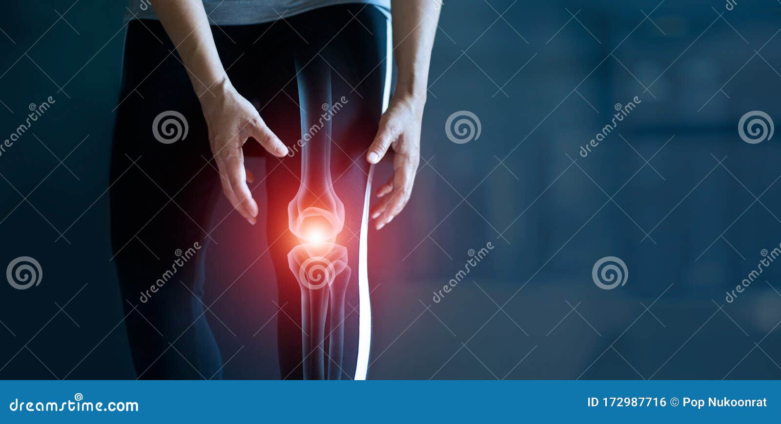 woman suffering from pain in knee, injury from workout and osteoarthritis, tendon problems and joint inflammation on dark