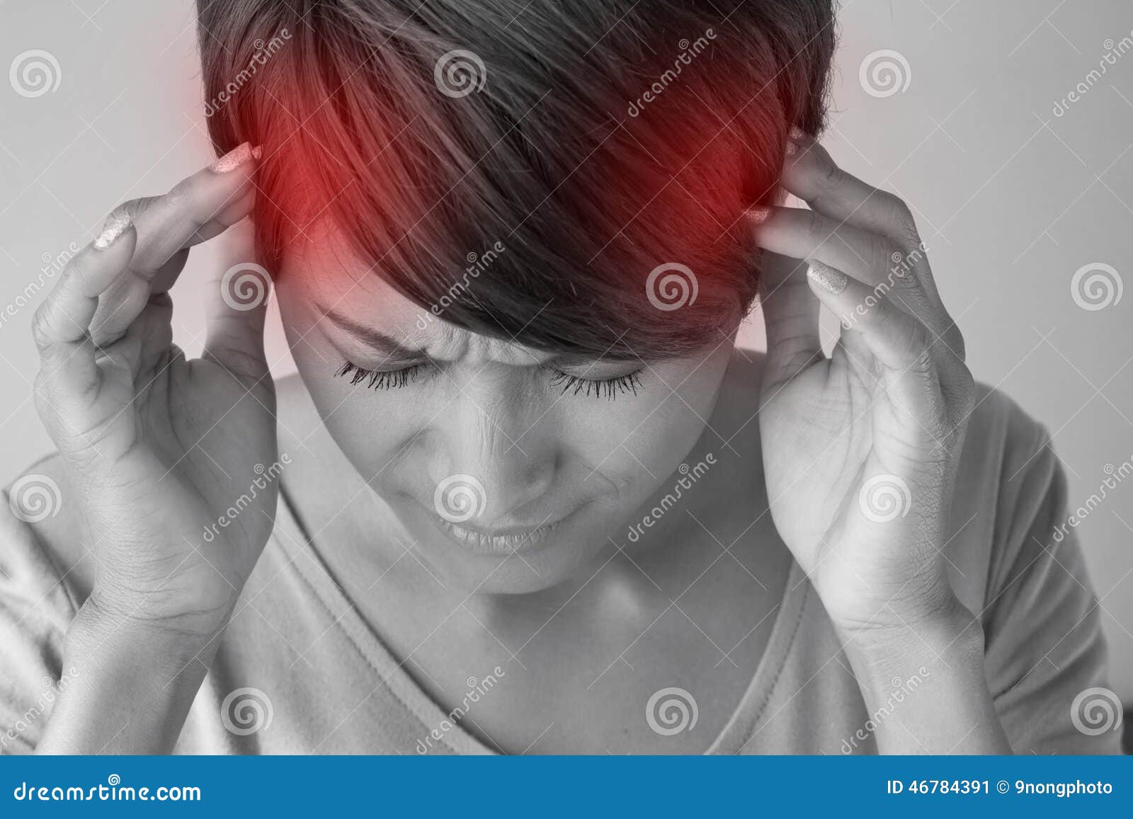 woman suffers from pain, headache, sickness, migraine, stress