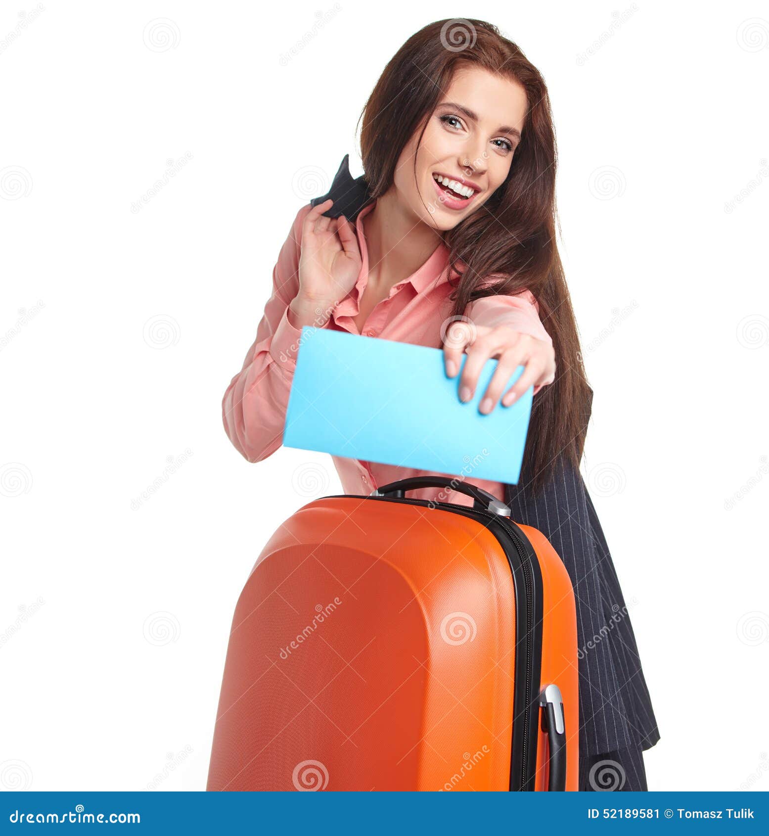 Woman with a Suitcase and a Ticket on a White Background Stock Image ...