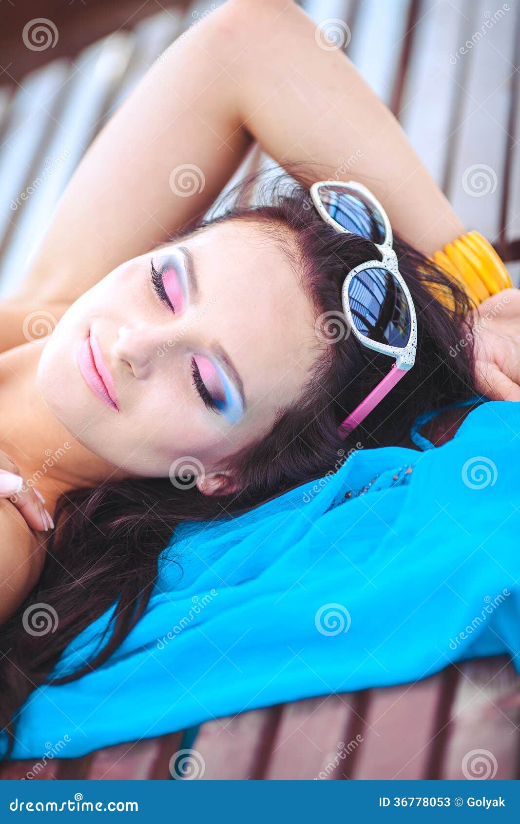 Woman Sunbathing In Bikini At Tropical Travel Resort Beautiful Young Woman Lying On Sun Lounger 