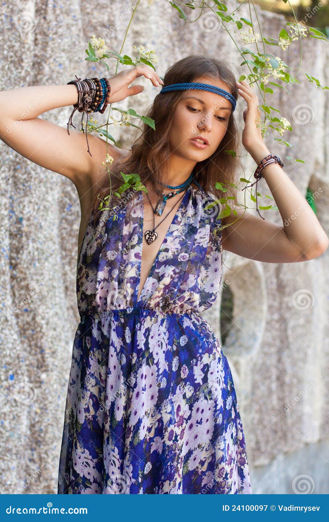 Woman in a Sundress at the Stone Wall Stock Image - Image of necklace ...