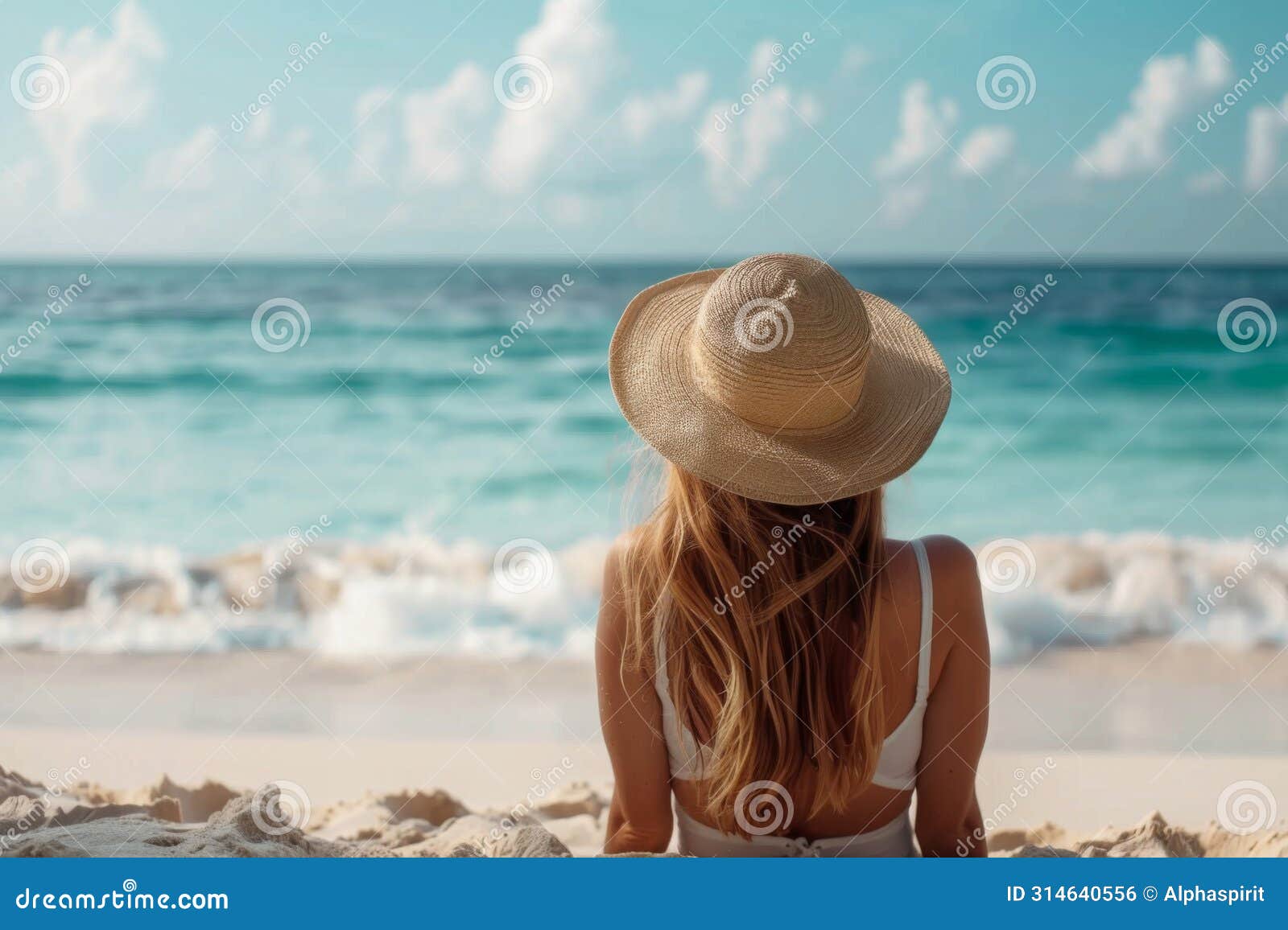 woman in a sunhat relaxing on the sandy shore, gazing at the tranquil ocean