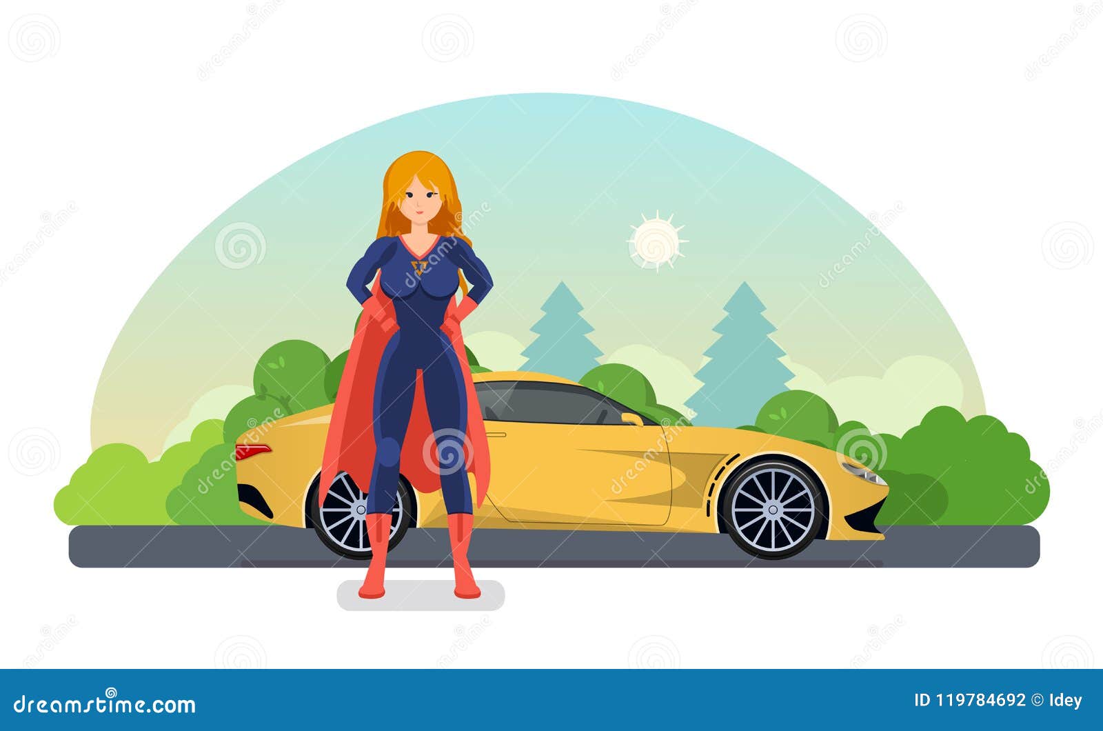Woman Superhero Near Road with Car Near. Drive by Car. Stock Vector -  Illustration of body, female: 119784692