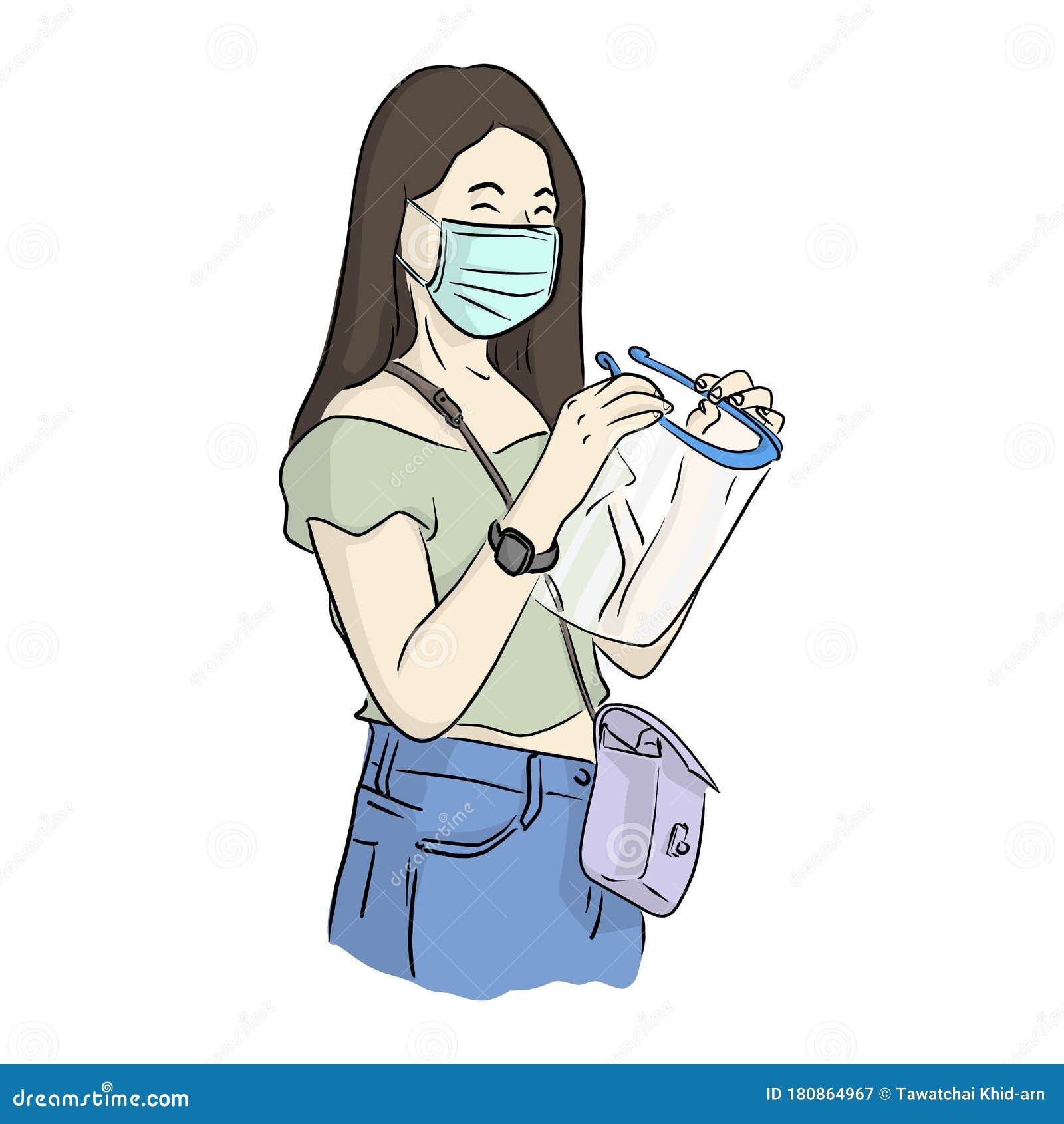 Download Woman With Surgical Mask Wearing Face Shield Before Going Outside Vector Illustration Sketch ...