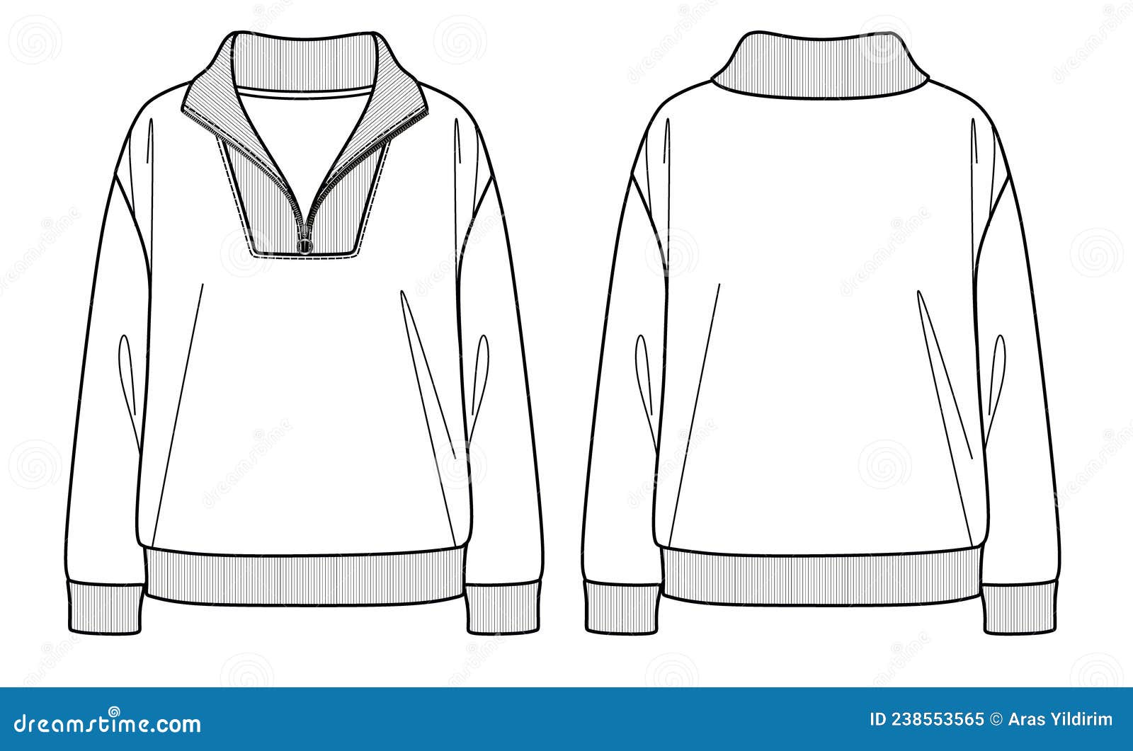 Woman Sweatshirt with Rib and Zip Details Technical Drawing Stock ...