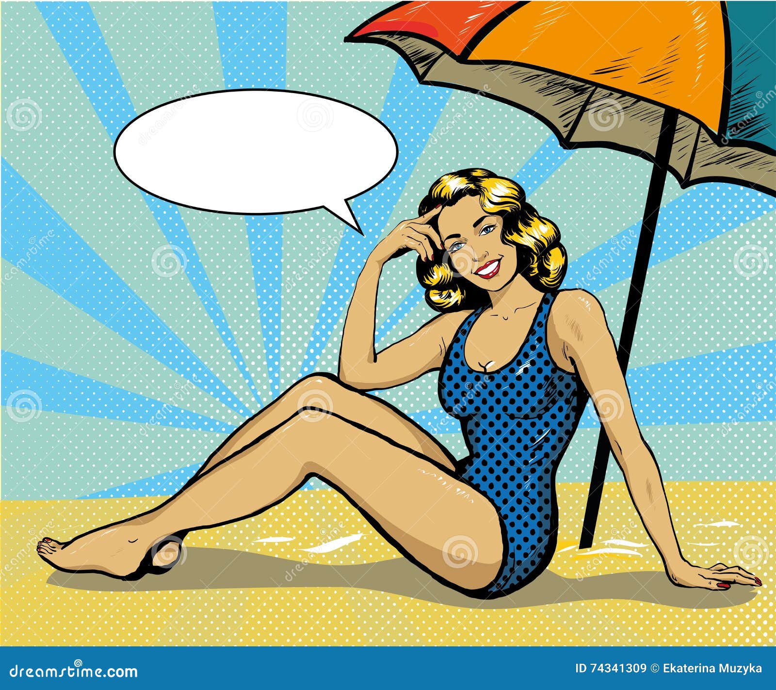 Woman in Swimsuit on a Tropical Beach. Summer Concept Vector Illustration  in Retro Comic Pop Art Style Stock Vector - Illustration of bubble,  sunbathing: 74341309