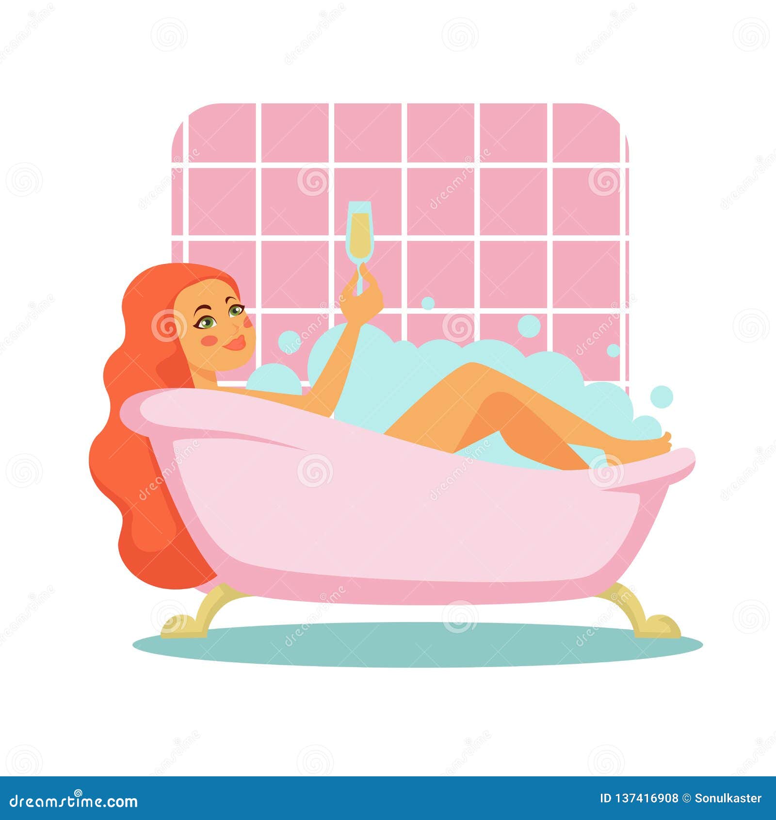 Woman Taking Bath With Champagne Glass Bathroom Illustration