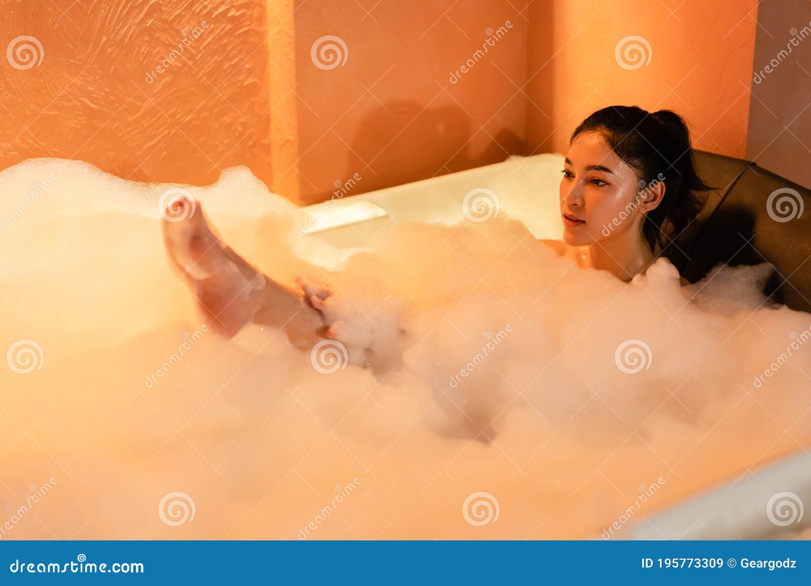 Woman Taking A Bubble Bath In Bathtub At The Night Stock Image Image Of Female Korean