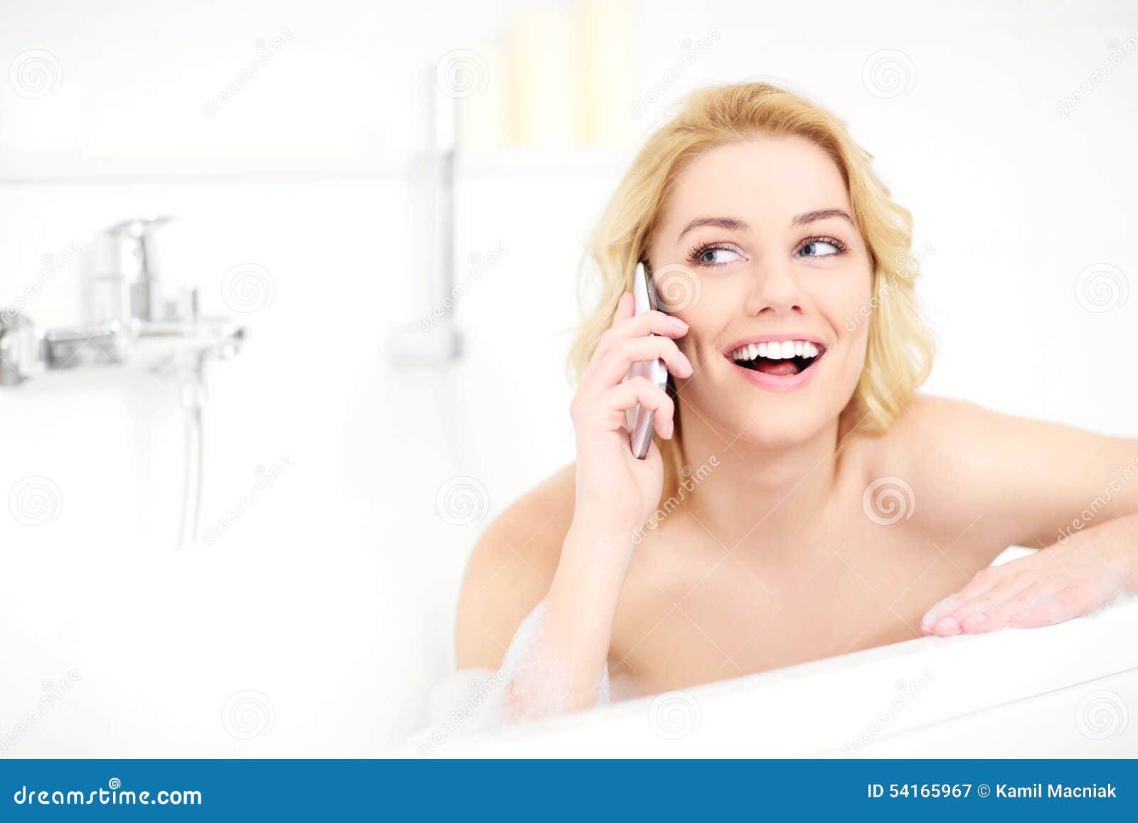 Woman Talking on Phone when Taking a Bath Stock Image Image of
