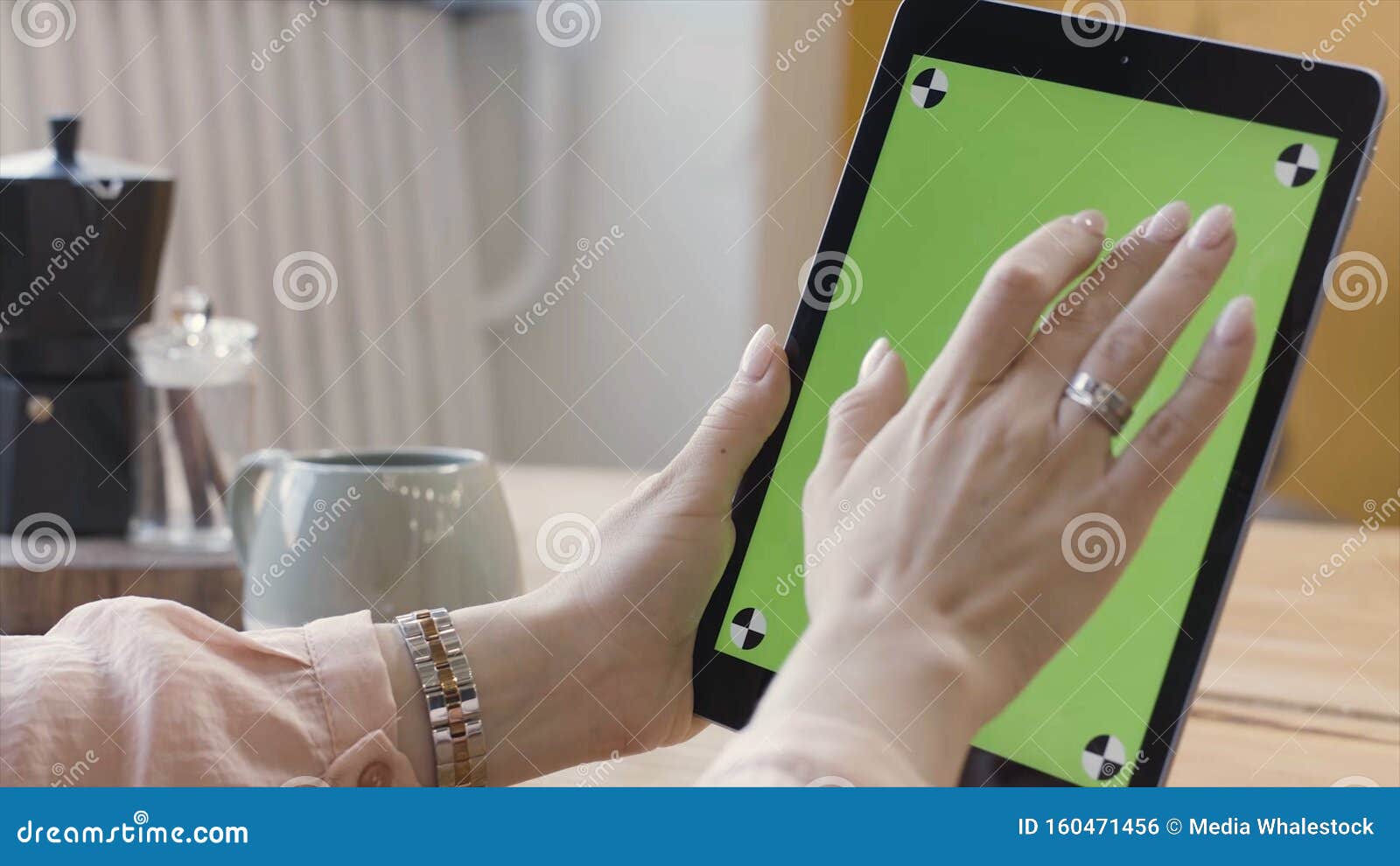 Woman Tapping, Scrolling on the Tablet Computer with Green Screen ...