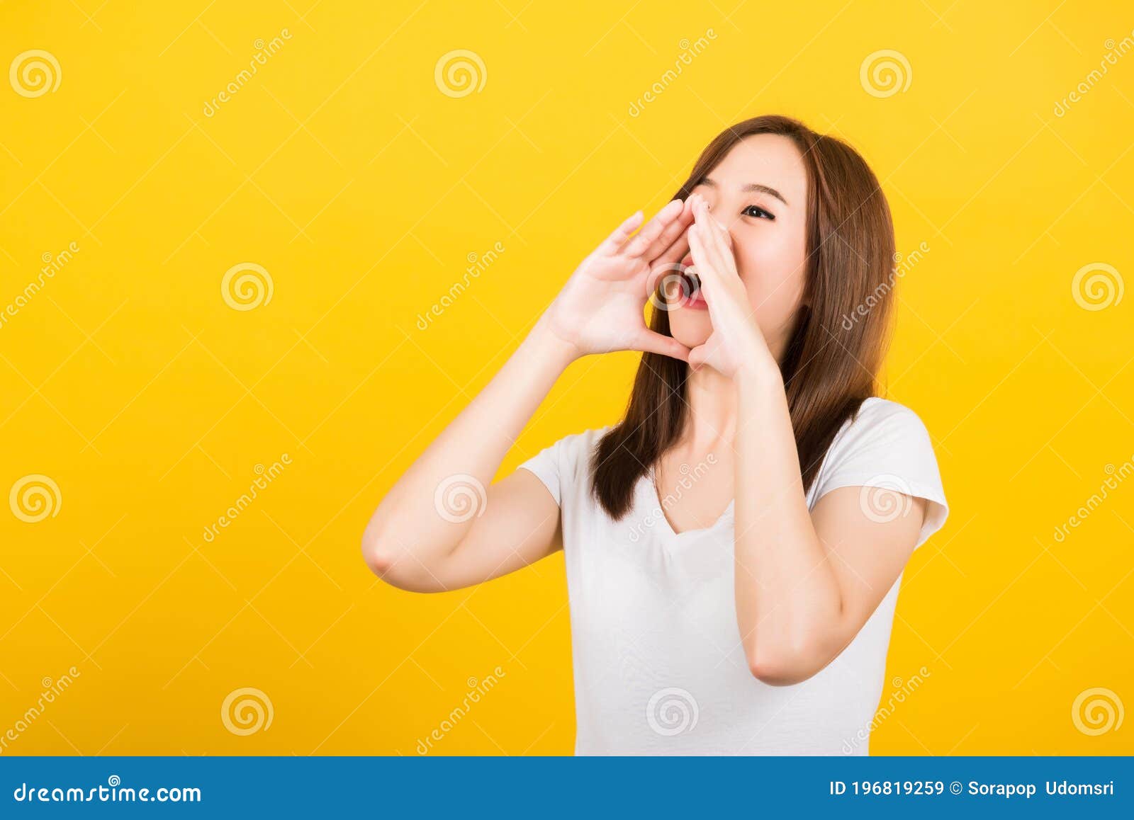 woman teen standing big shout out with hands next mouth giving excited positive