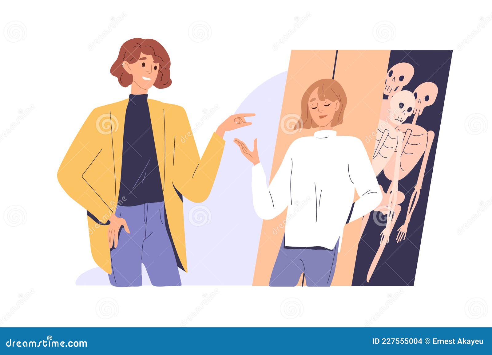 woman tell lies and deceive man, hide skeletons in closet. distrust, mistrust, deception in couple relationship concept