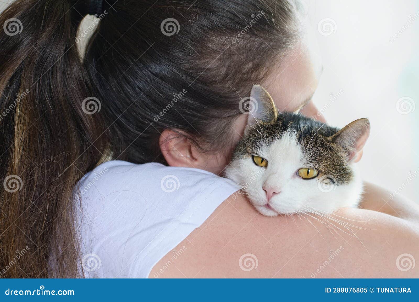 woman tenderly caressing cat, holding it in the arms. felinotherapy concept