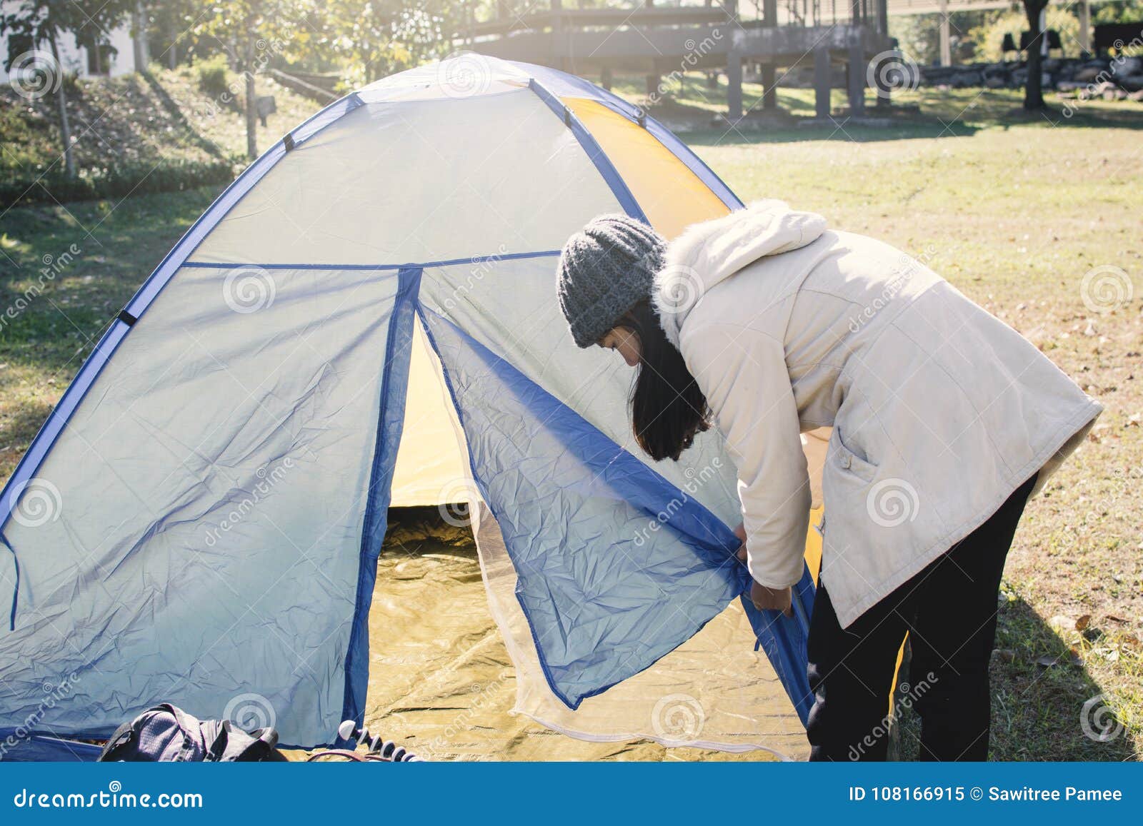 Woman and Tent Concept Backpacker with Camping Stock Image - Image of ...