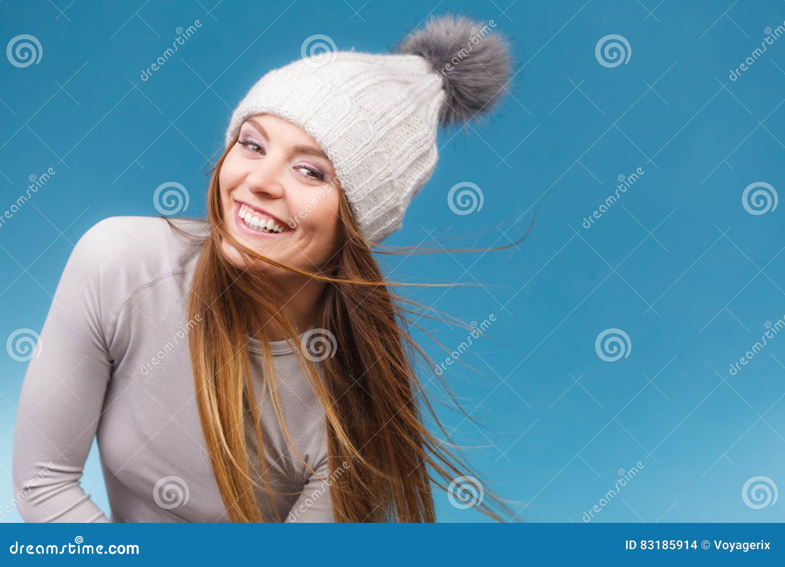 Woman in Thermal Underwear Wool Cap Stock Photo - Image of toothy ...