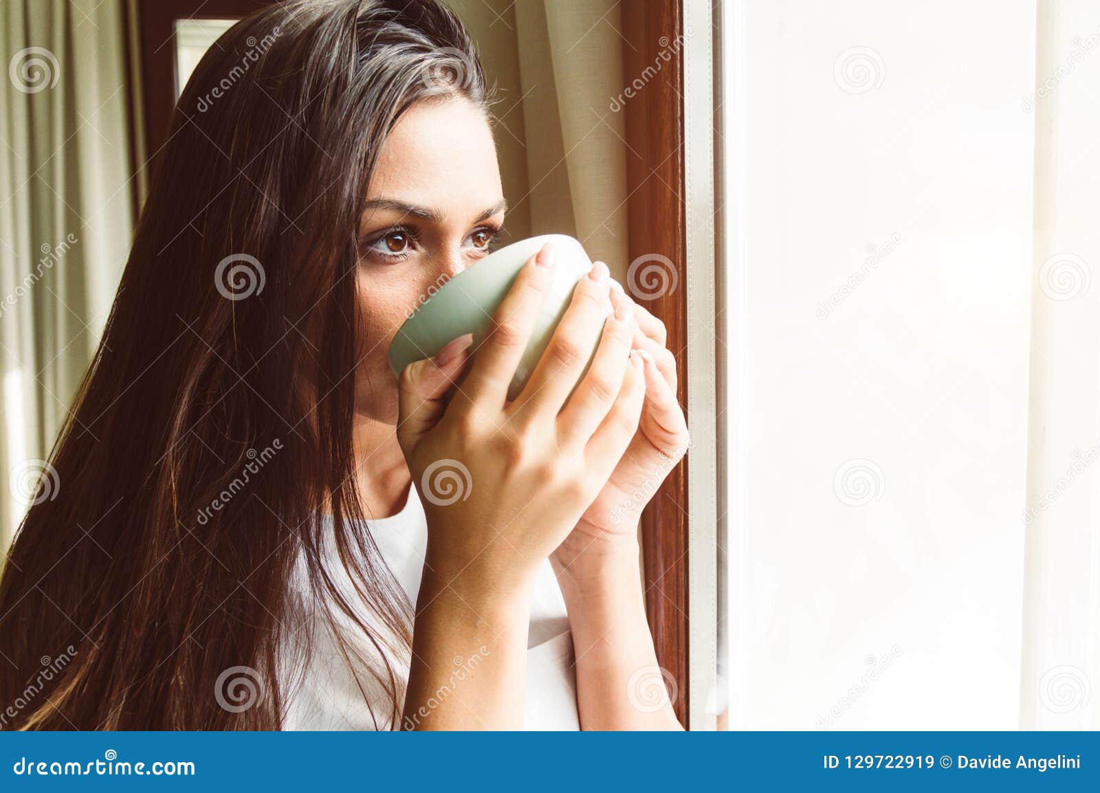 Woman Thinking Drinking Tea at the Window Stock Image - Image of ...