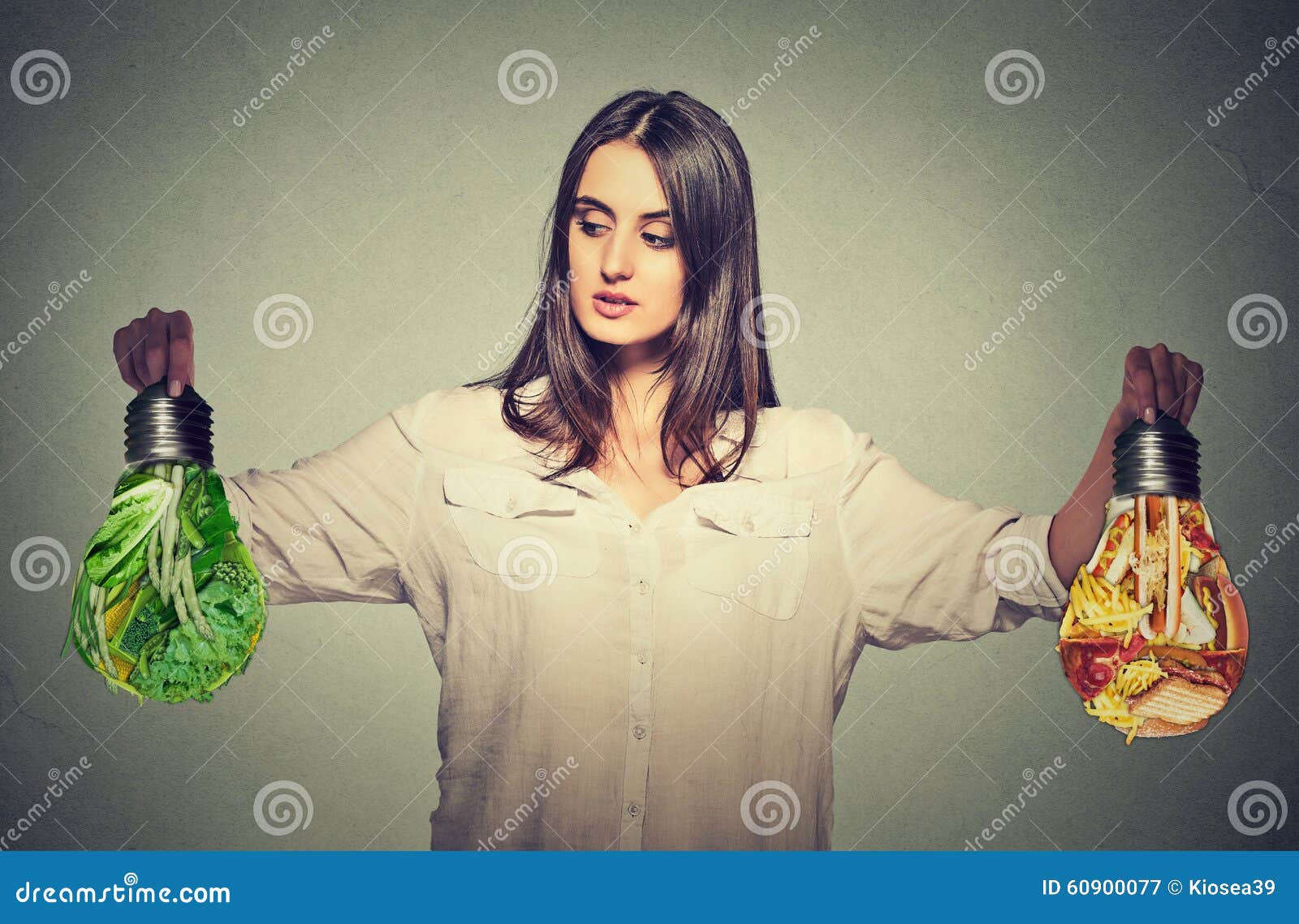 woman thinking making diet choices junk food or green vegetables