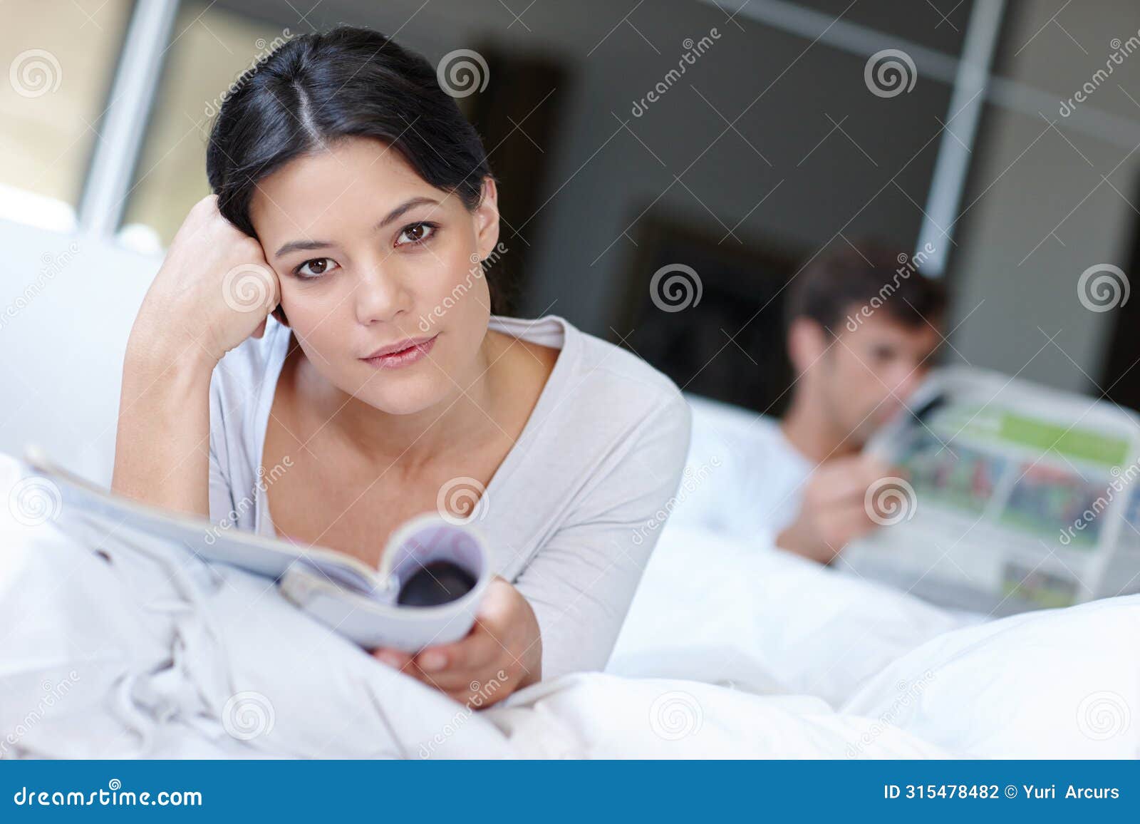 woman, thinking and portrait with magazine and boyfriend for contemplate future with article for rest in home. mexican