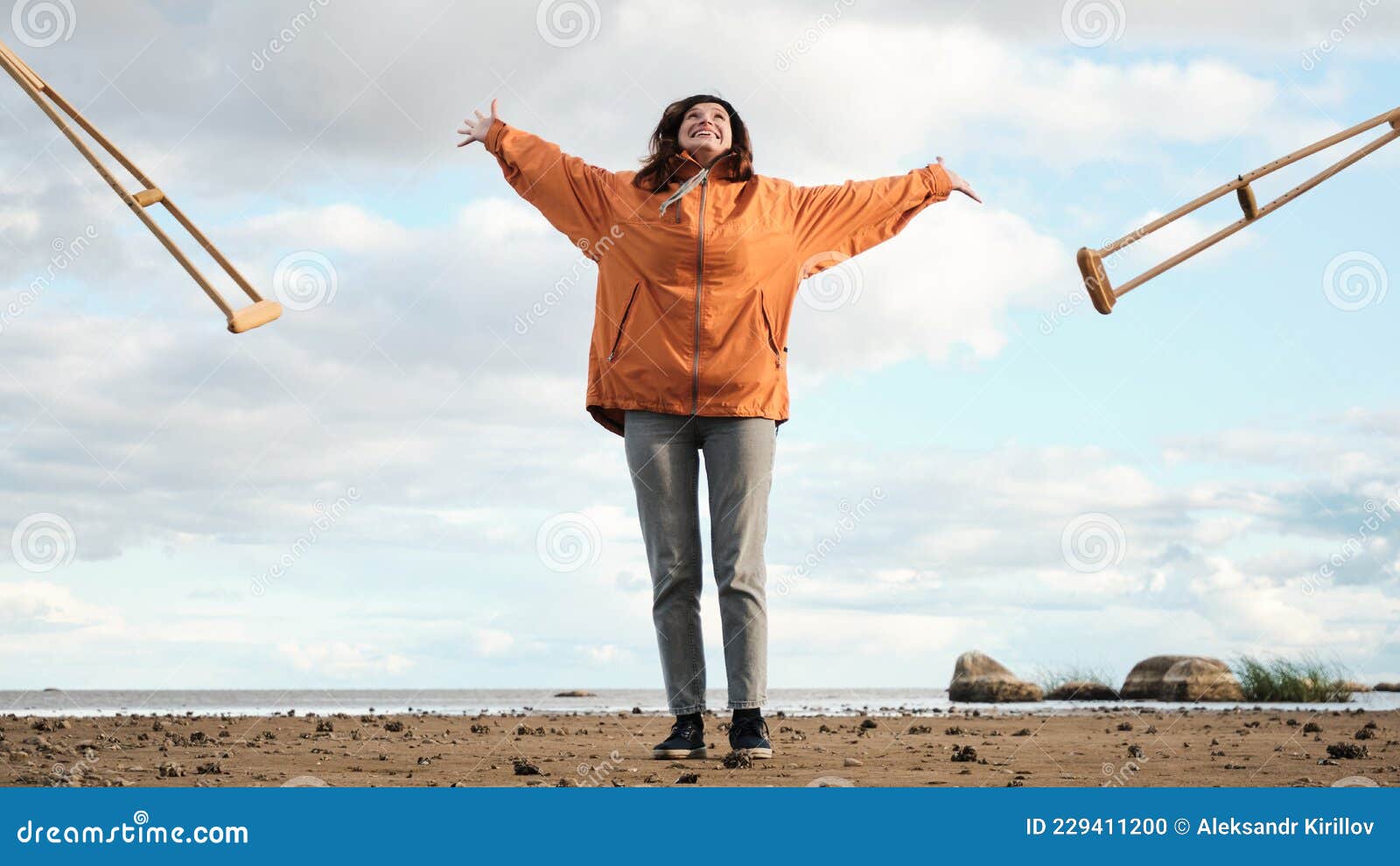 The Woman Throws Away The Crutches The First Steps After A Broken Leg