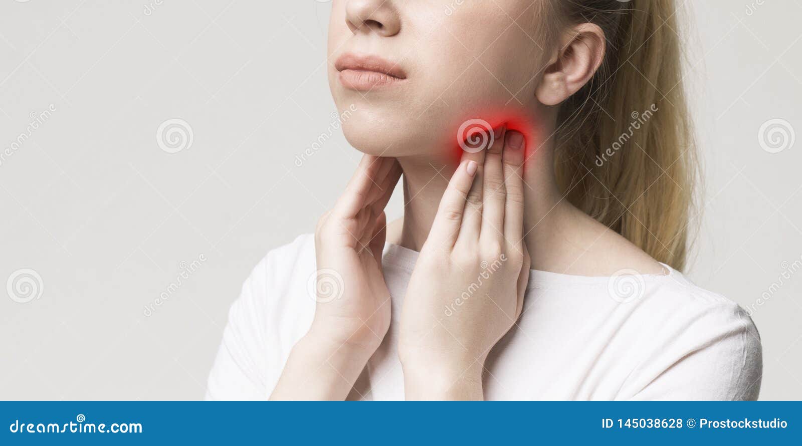 Woman With Thyroid Gland Problem Touching Her Neck Stock Photo Image