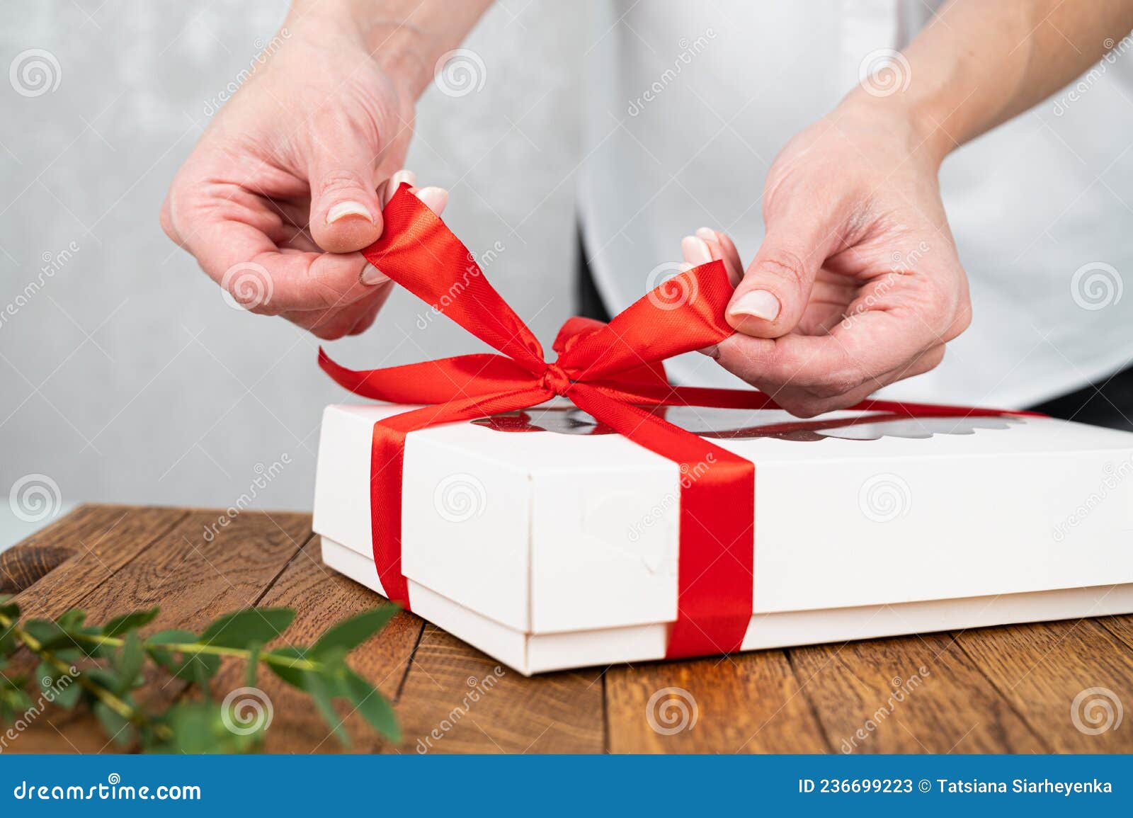 A Woman Ties Up a Cardboard Box with a Red Ribbon. Girl Packs a Gift, Close  Up Stock Image - Image of hand, gift: 236699223