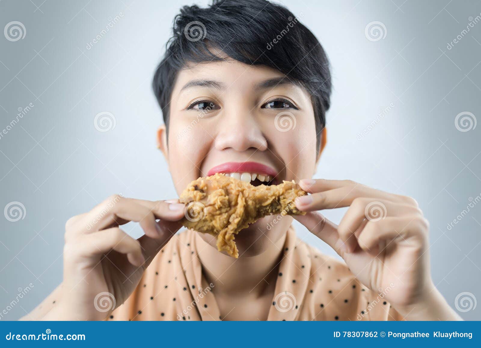 Woman To Eat Deep Fried Chicken. Stock Photo Image of calorie