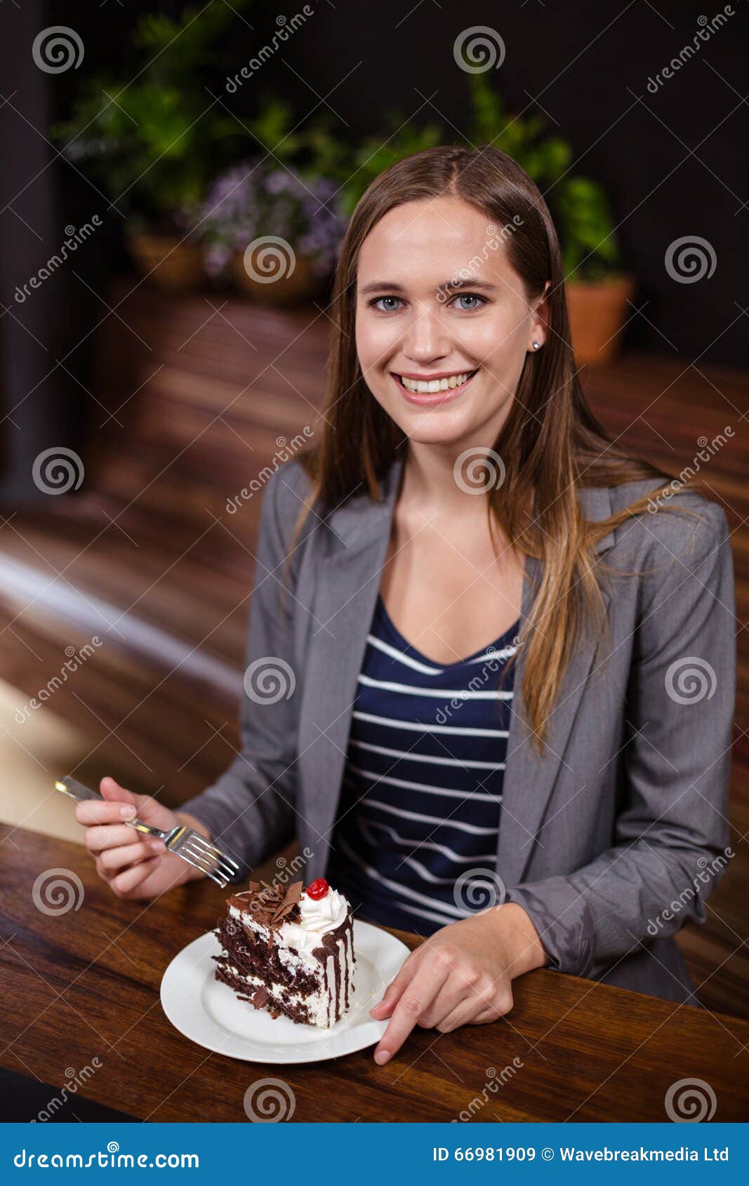 Woman About To Eat A Piece Of Cake Stock Image Image Of Camera Happy 66981909 
