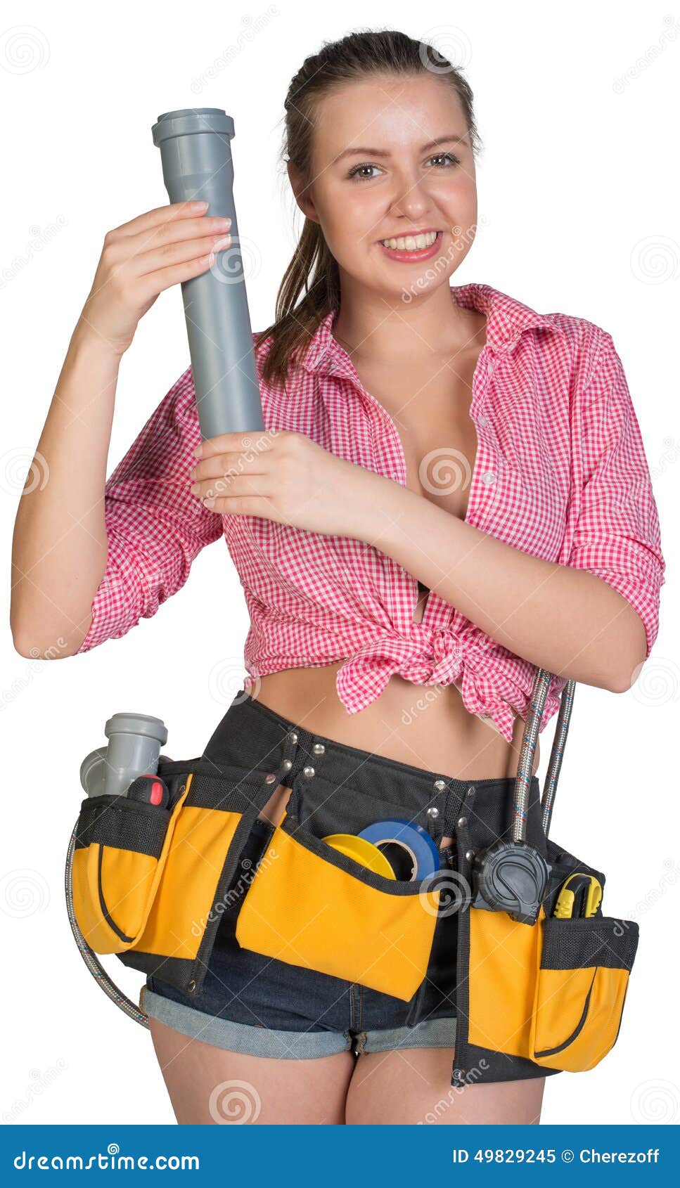 Woman in Tool Belt Holding Fitting Pipe Stock Image Image of handle