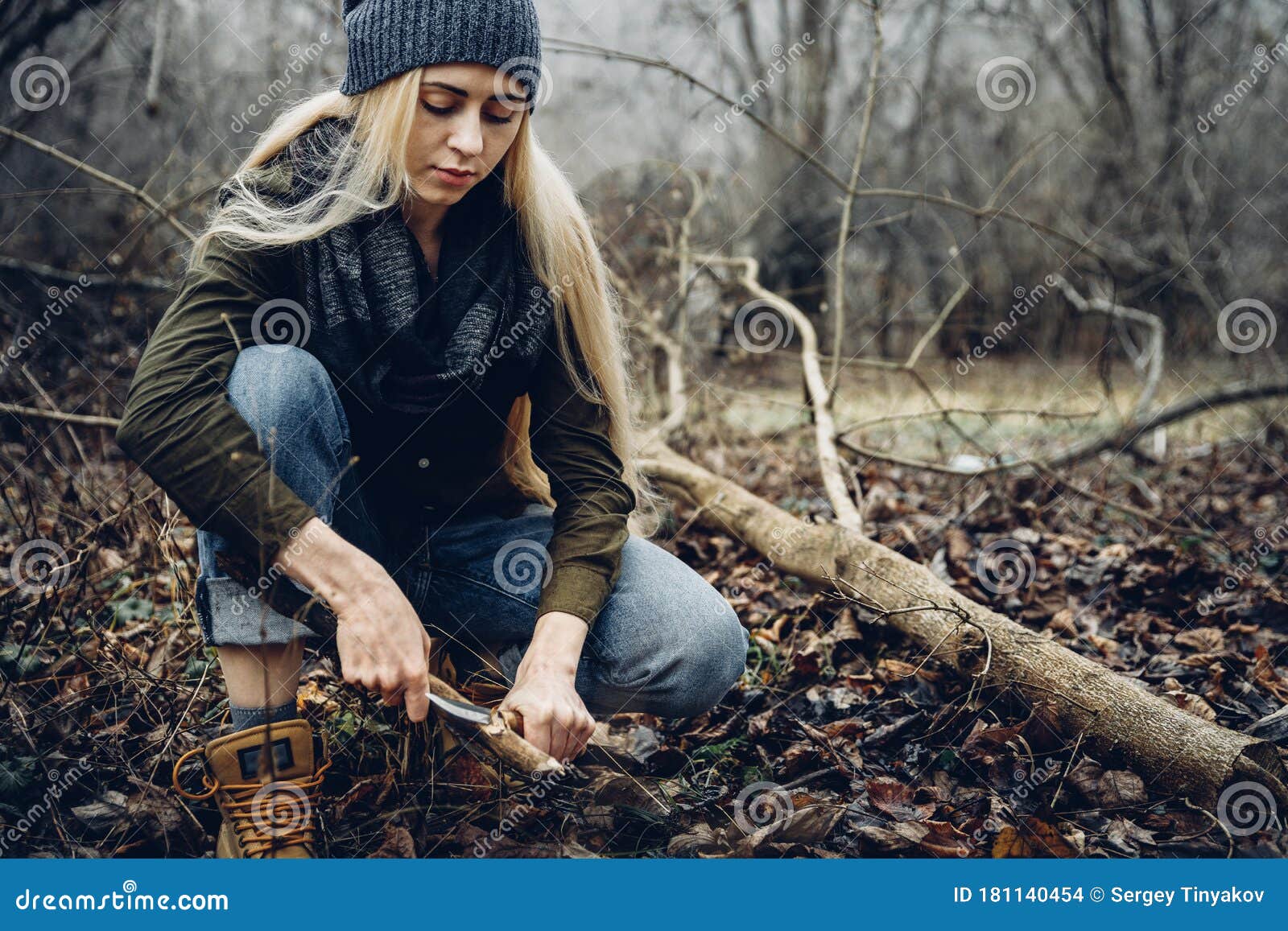 Woman Tourist Cuts Wooden Stick with Knife in Forest. Bushcraft Survival  and Scouting Concept Stock Photo - Image of forest, recreation: 181140454