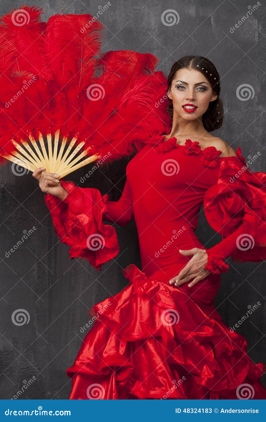 Woman Traditional Spanish Flamenco Dancer Dancing In A Red Dress Stock