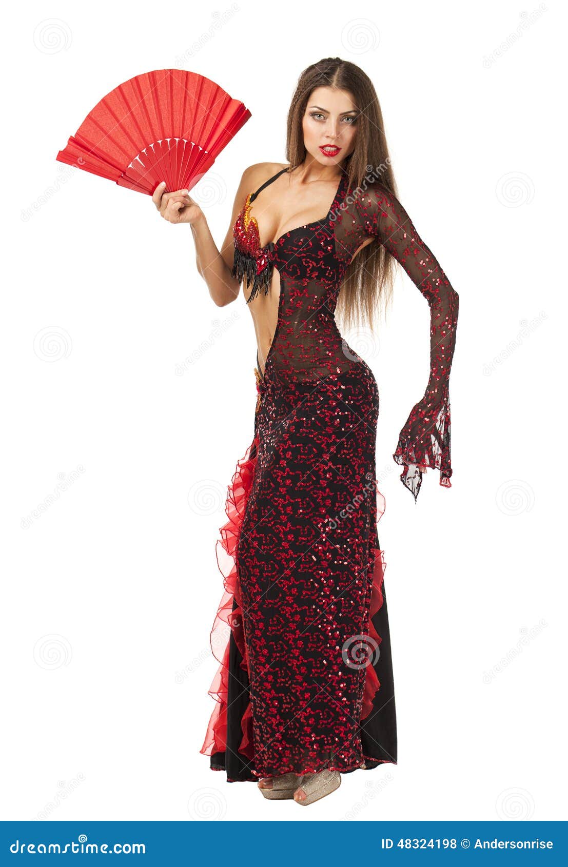 Woman Traditional Spanish Flamenco Dancer Dancing In A Red Dress Stock