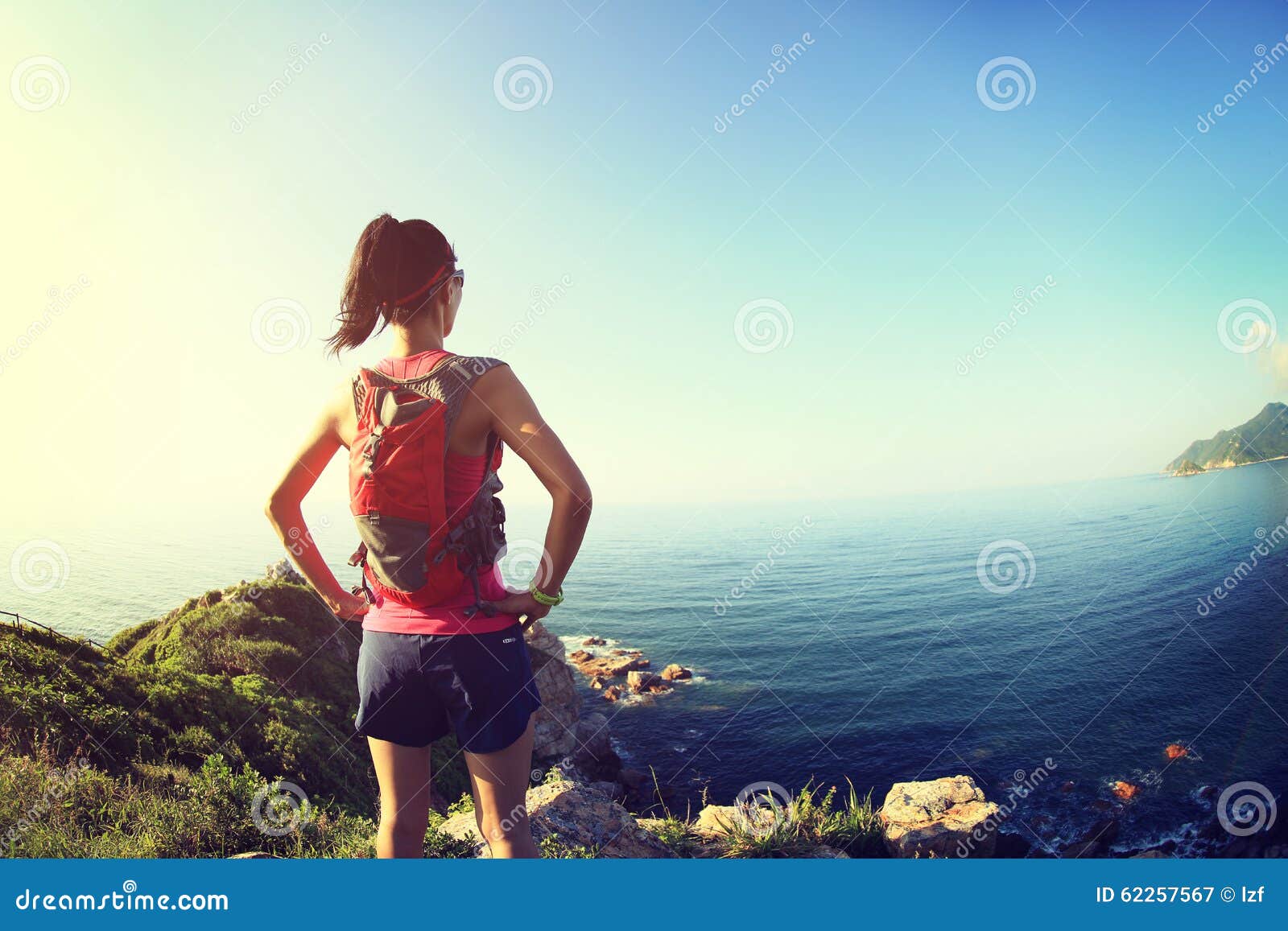 Woman Trail Runner Enjoy the View on Seaside Mountain Stock Image ...