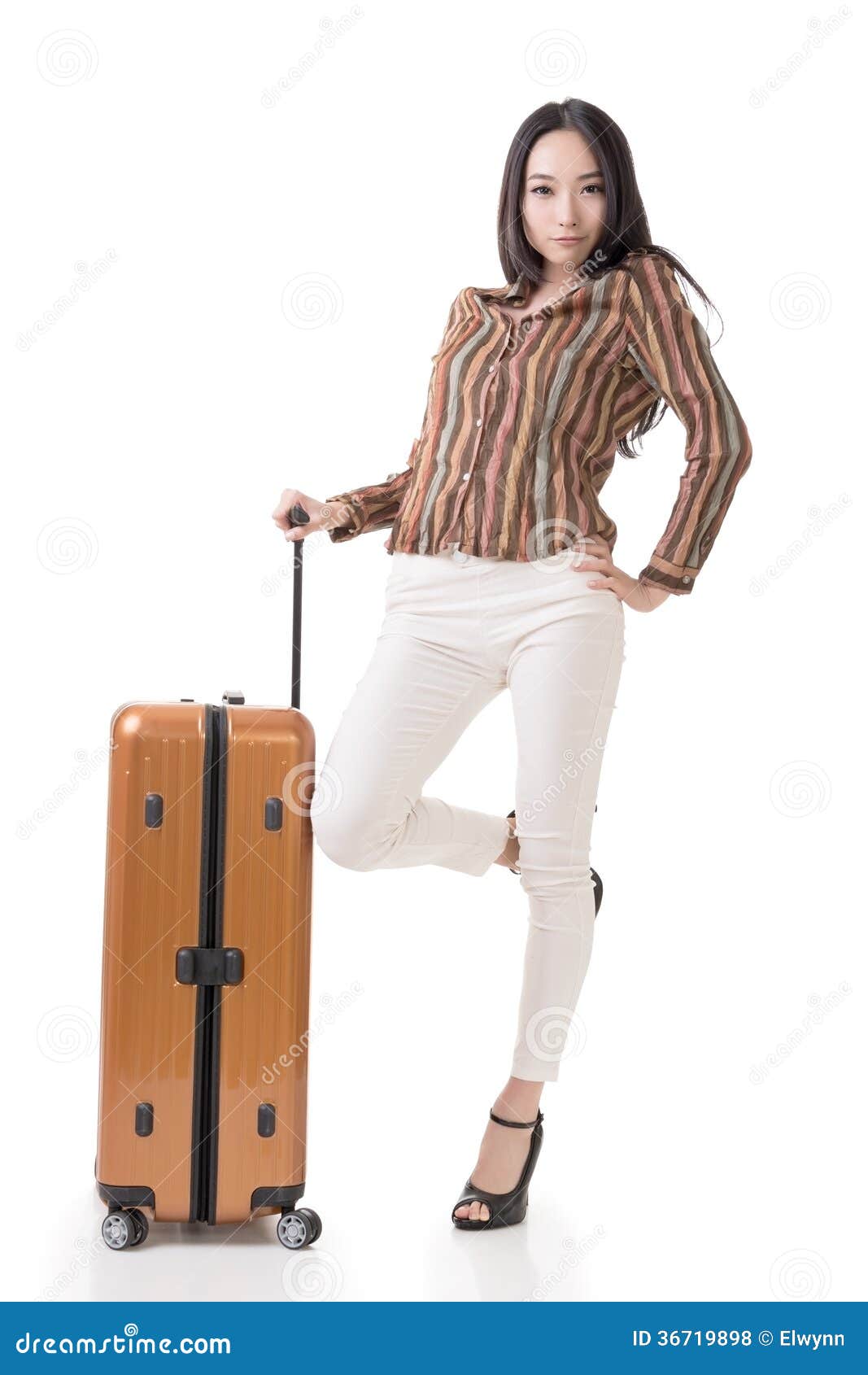 Woman travel. Modern Asian woman stand with a luggage, full length portrait on white background.
