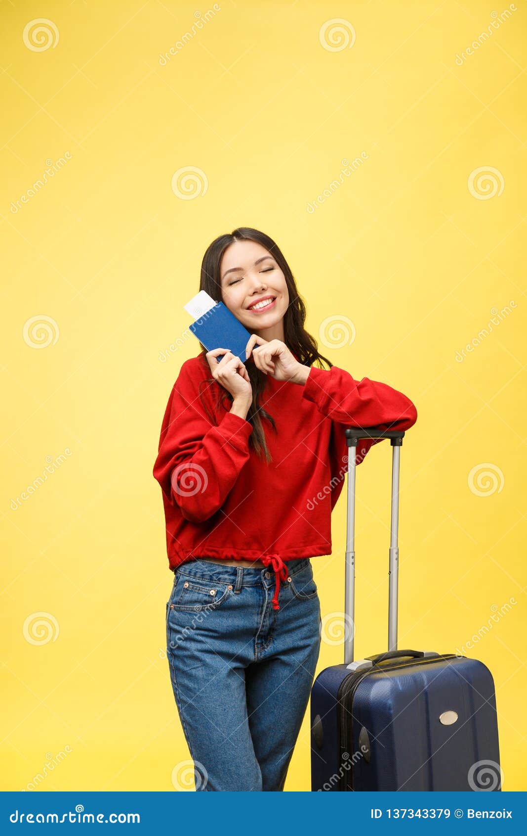 Woman Travel. Young Beautiful Asian Woman Traveler with Suitcase and ...