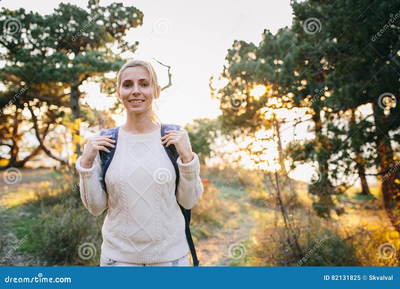 Woman Traveler with Backpack in the Forest Stock Image - Image of adult ...