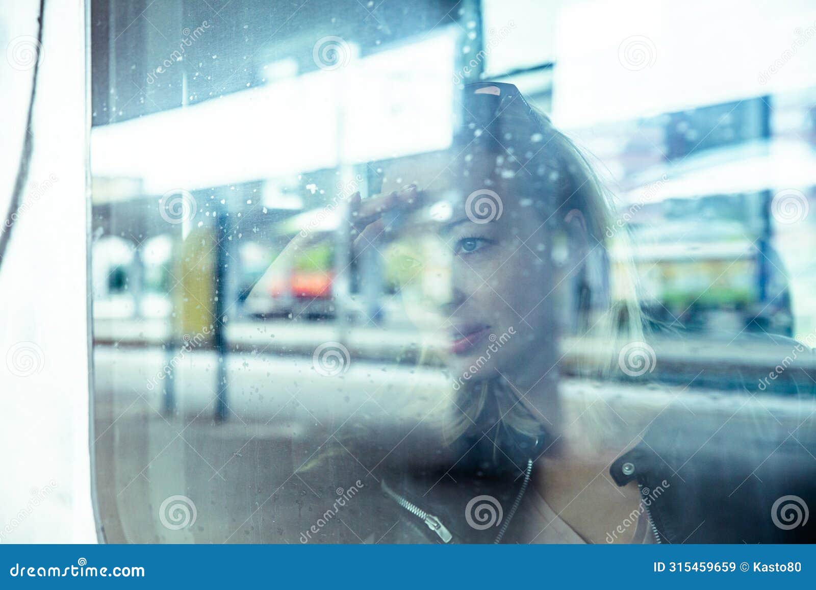 woman traveler contemplating outdoor view from window of train. young lady on commute travel to work sitting in bus or