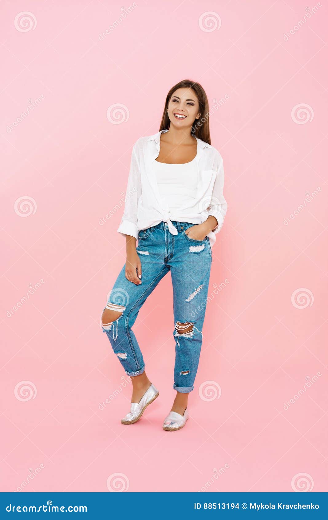 Woman In Trendy Spring Outfit Blue Jeans And White Shirt Stock Photo Image Of Blouse Brunette