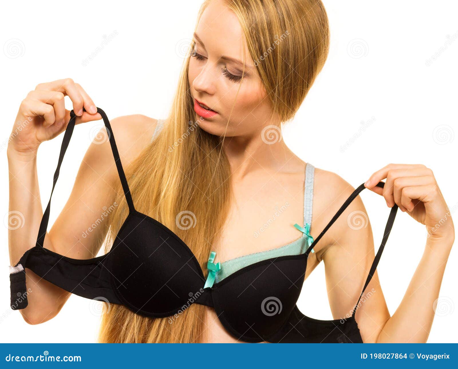 Woman Trying on Black Pushup Bra Stock Photo - Image of black