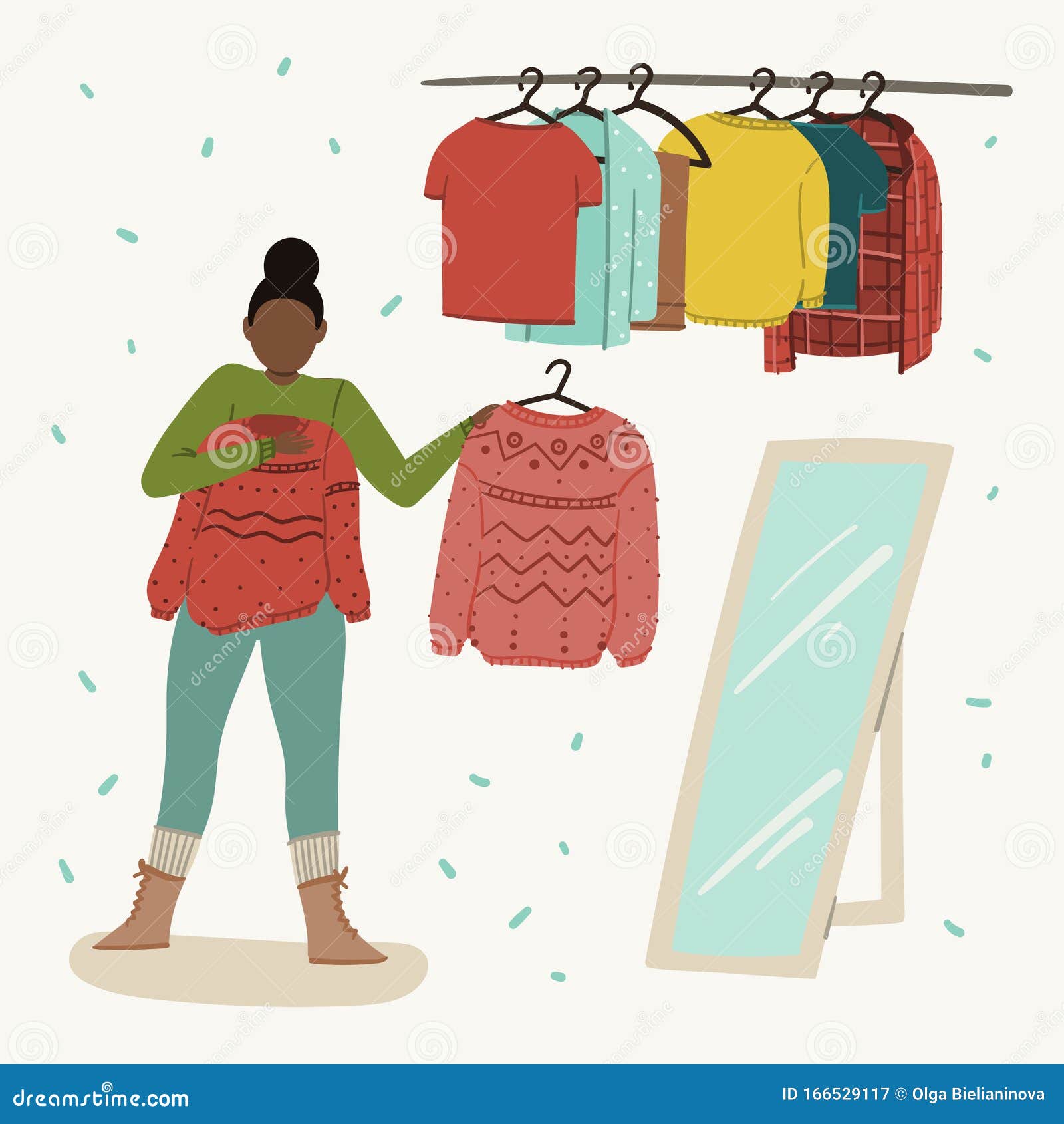 Woman is Trying on Clothes in Clothing Store, Second Hand, Garage Sale or  Clothes Swap Party. Hand Drawn Flat Cartoon Stock Vector - Illustration of  beautiful, flat: 166529117