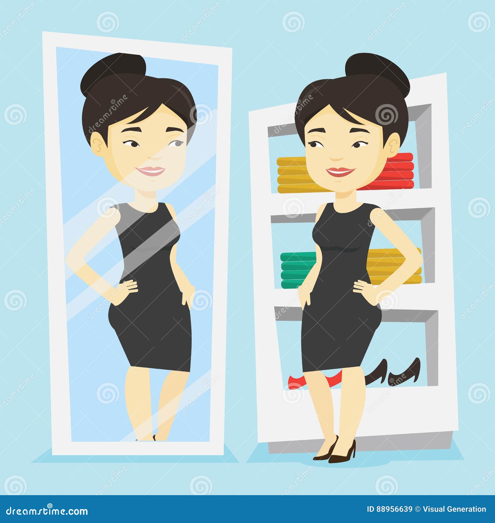 Woman Trying on Clothes in Dressing Room. Stock Vector - Illustration ...
