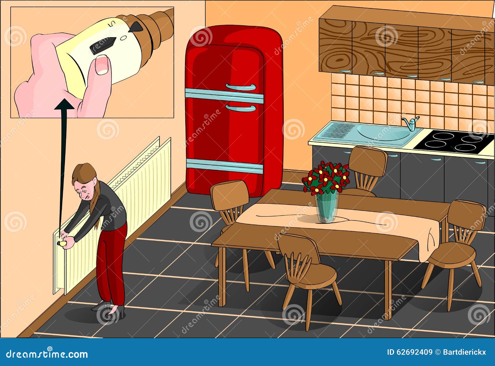 Woman turning off heating stock illustration. Illustration of knob