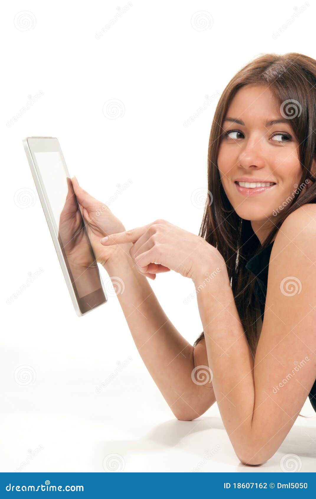 Woman Typing on Her Electronic Tablet Touch Pad Stock Photo Image of