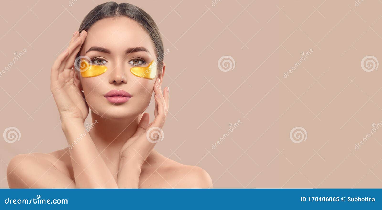 woman with under eye collagen gold pads, beauty model girl face with healthy fresh skin. skin care concept, anti-aging mask