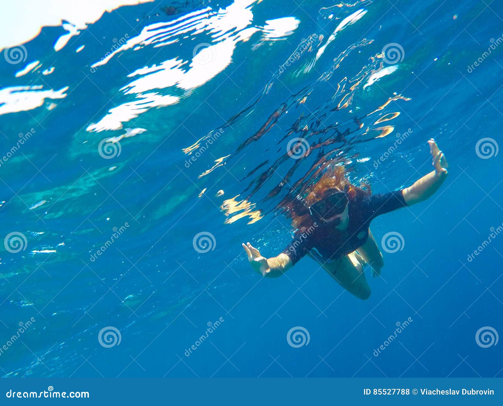 A Woman Underwater In Black Swimsuit And Mask, Loose Hair Girl ...