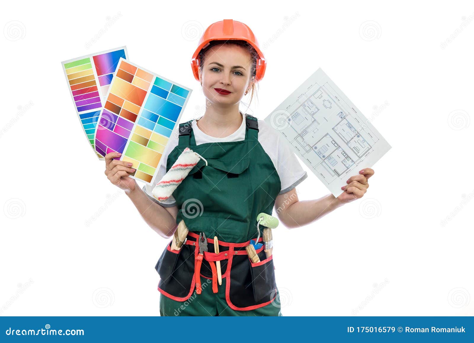 Woman in Uniform with Color Palette and House Plan Stock Image Image