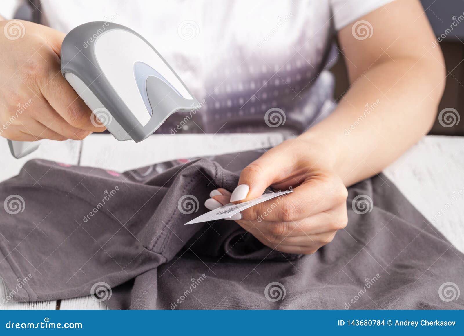 Woman Using Barcode Scanner on Clothes Stock Photo Image of hand