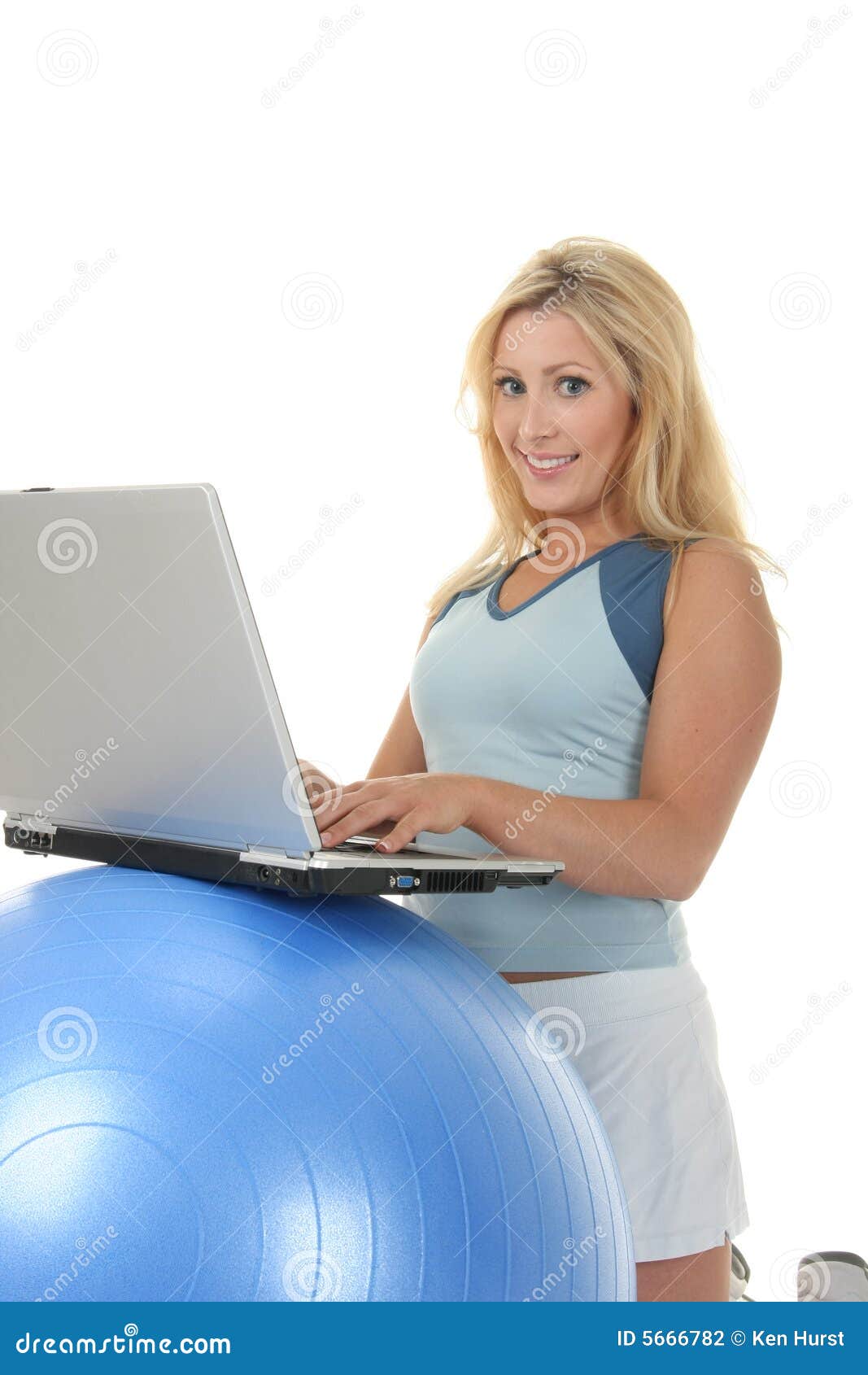 Woman Using Exercise Ball Desk Stock Photo Image Of Computer