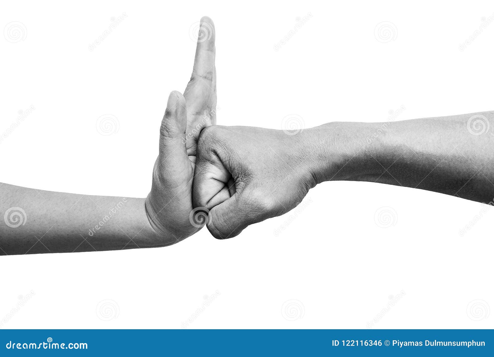 woman using hand palm to stop man`s punch from attack  on white background. stop violence against women campaign