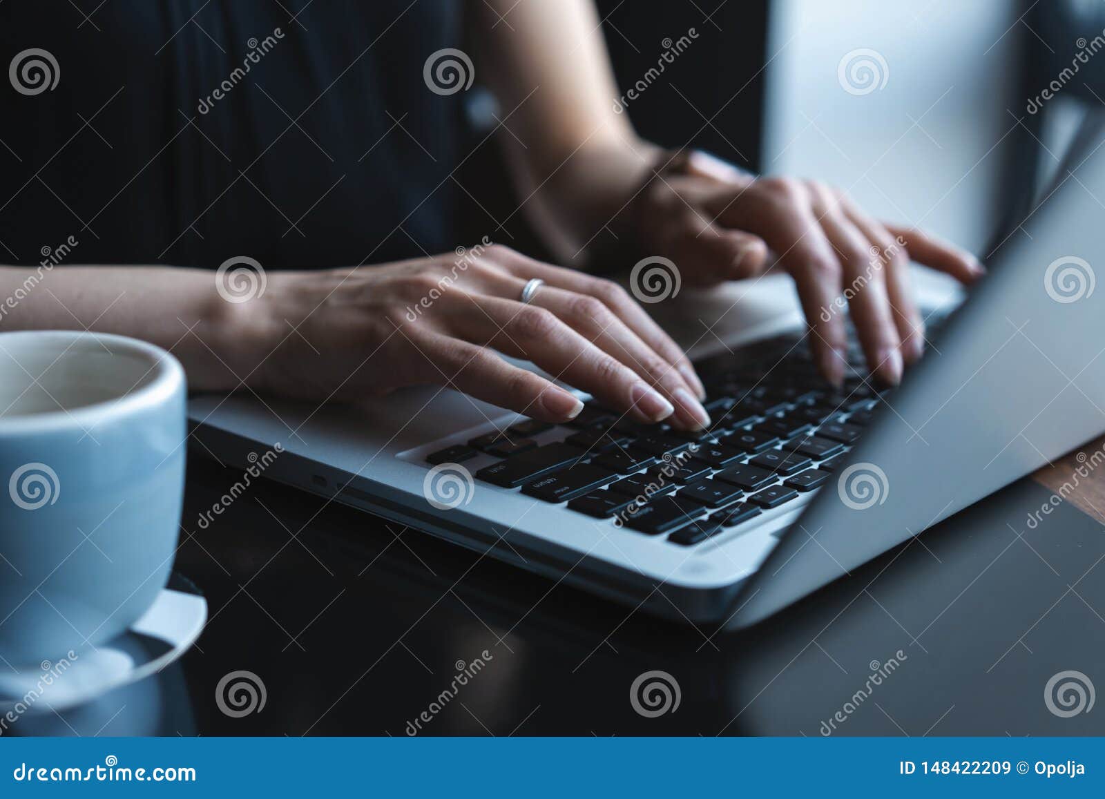 woman using laptop, searching web, browsing information, having workplace at home or in creative office or cafe.